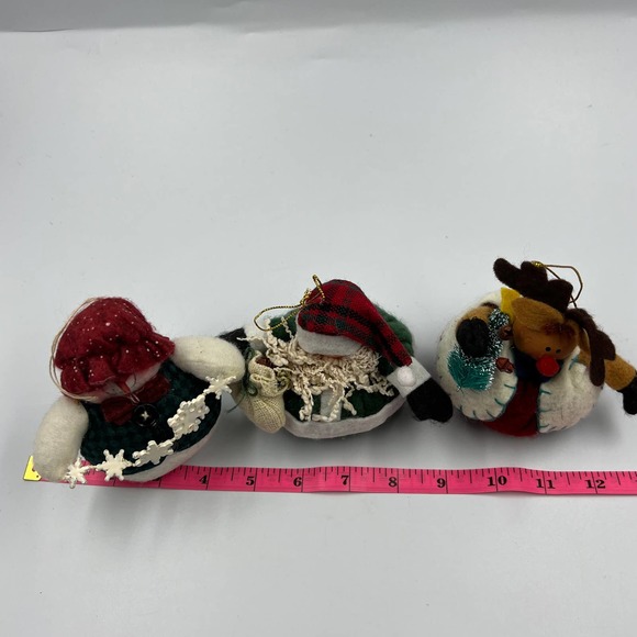 Primitive Round Plush Santa Claus Snowman Reindeer Christmas Ornaments Lot 3 - Picture 8 of 8